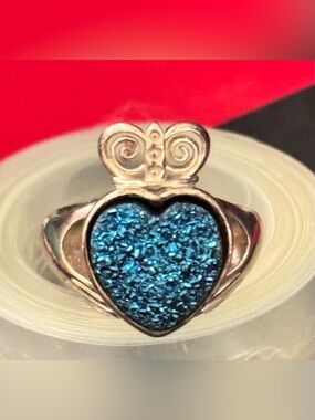 Ireland Claddagh Ring - Drusy Blue, Sterling Silver, Size 7